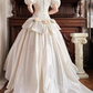 Cream Vintage Satin Ball Gown, Sweetheart Off‑The‑Shoulder Puff Short Sleeves, Lace Appliqué Beaded Bodice, Lace Waistband, Voluminous Pleated Skirt, Wedding Prom Dress gh8633