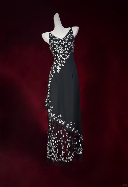 ✨Girlhomeshops-Black Spaghetti Strap Beaded Floral Gown Asymmetrical Sheer Mesh gh10142