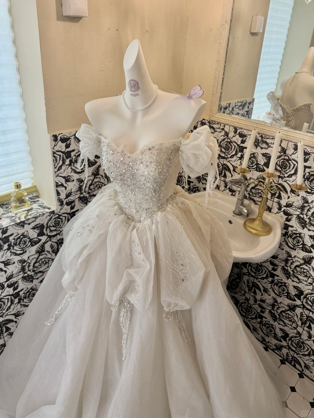 Ivory Off-the-Shoulder Cinched Waist Rhinestone Voluminous Skirt Long Romantic Dress, Wedding Gown gh7806