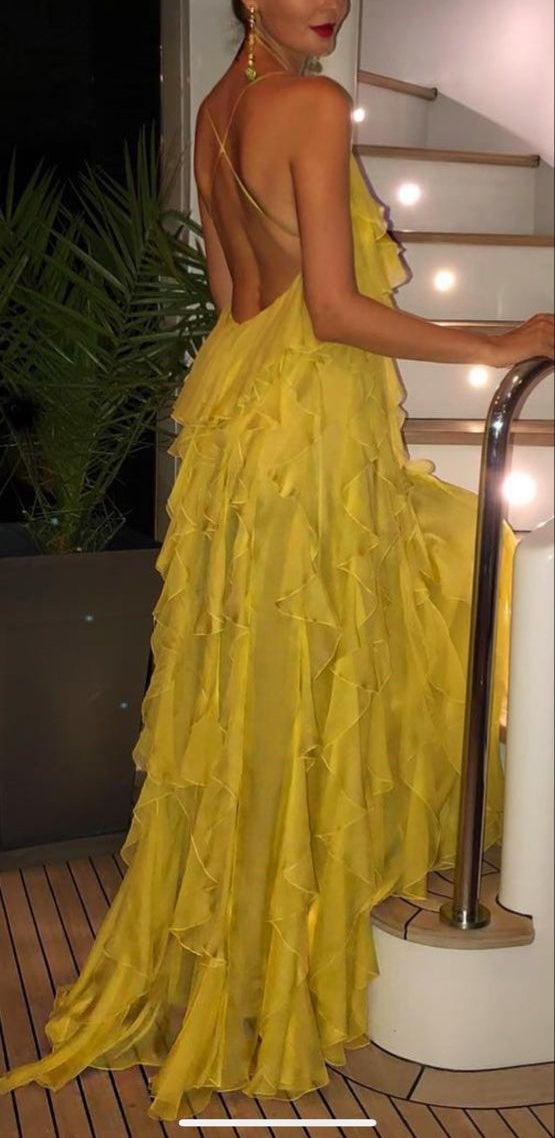 Robe de soirée longue en mousseline de soie jaune, simple et confortable, robe de bal, robe d'invité de mariage, gh4728
