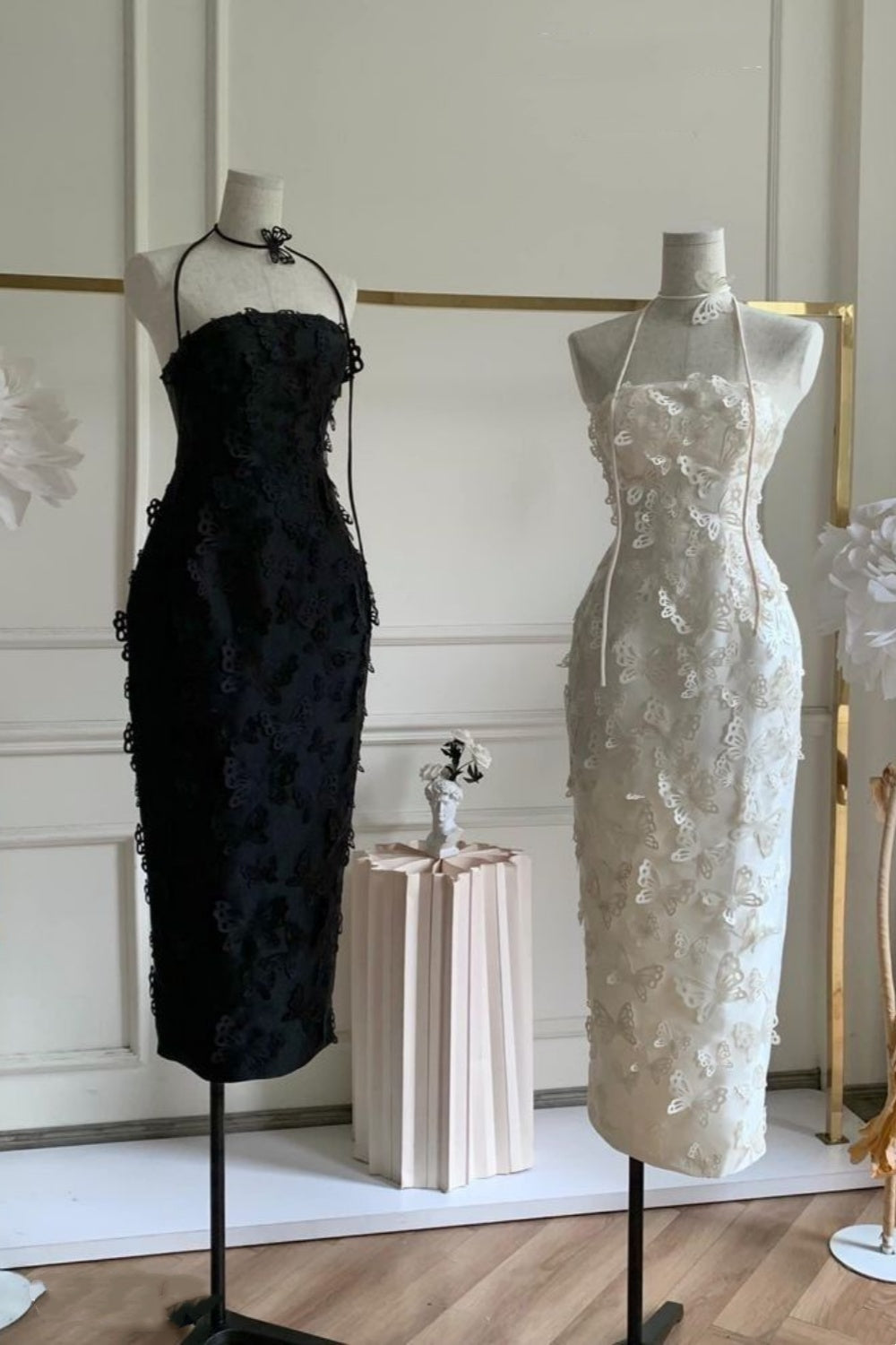 girlhomeshops-Homecoming dress white/black butterfly applique mid-length satin prom dress evening dress gh5747