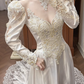 White Vintage Satin Wedding Prom Dress, Lace High Neck Choker, Leg‑of‑Mutton Puff Sleeves, Beaded Lace Appliqués, Floral Lace Embroidery A‑Line Long Train gh8669