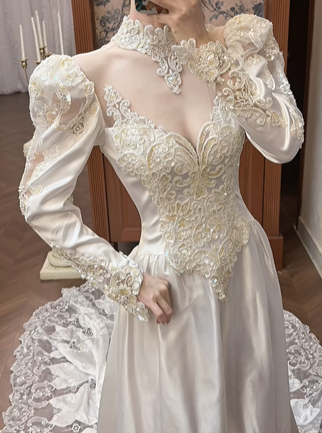 White Vintage Satin Wedding Prom Dress, Lace High Neck Choker, Leg‑of‑Mutton Puff Sleeves, Beaded Lace Appliqués, Floral Lace Embroidery A‑Line Long Train gh8669