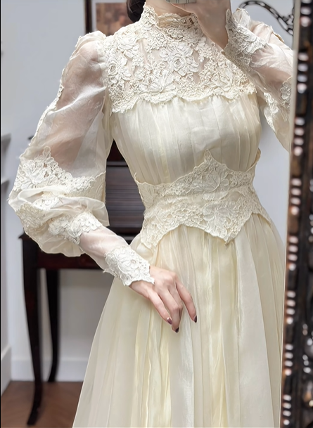 Cream Vintage Chiffon Wedding Gown, Lace High Neck, Lace‑Sheer Puff Long Sleeves, Lace Appliqué Empire Waist, Draped Pleated Flowy Full‑Length Skirt, Tiered Lace Hem, Long Lace Train, Bridal Prom Dress gh8735