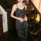 Black Spaghetti Straps V Neck Vintage Floral Pattern Beaded Sequin Fitted Long Evening Prom Dress gh9762