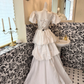 White Puff Sleeve Beaded Waist-Cinched Long Vintage Romantic Dress, Wedding Gown gh7501