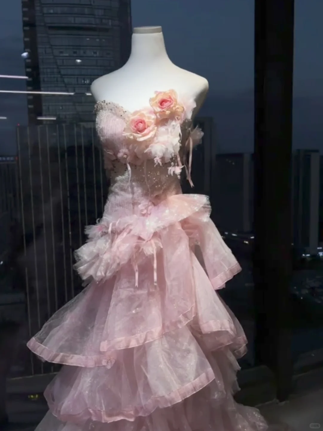 Light Pink Strapless Waist-Cinched Floral Long Evening Dress, Fairy Gown, Romantic Gown gh7371
