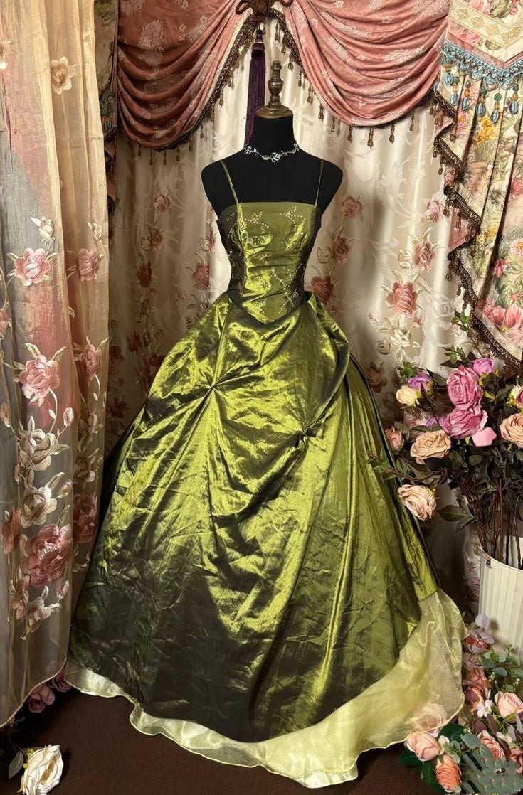 Grünes glänzendes Vintage-Abendkleid mit exquisiten Perlen und langem, elegantem Satin-Ballkleid gh3198