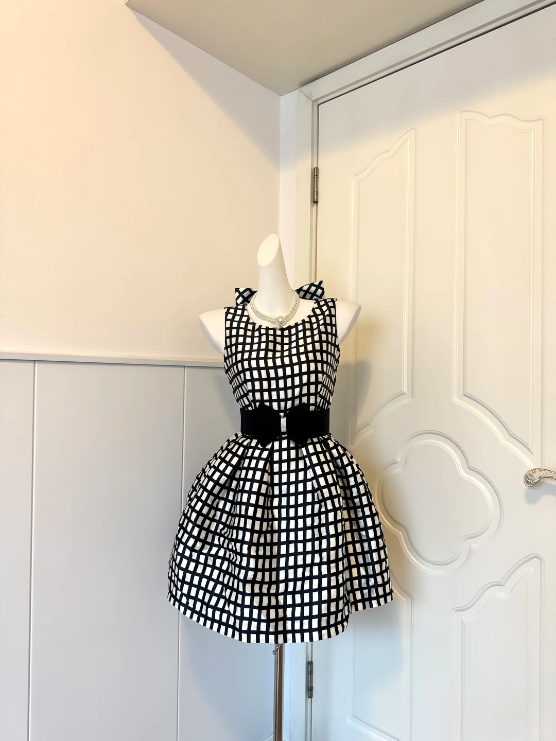 Black White Checkered Homecoming Dress Sleeveless Round Neck A-Line Cocktail Party Gown gh9381