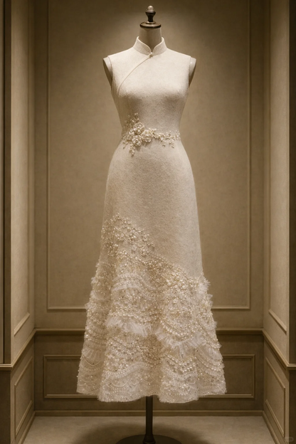 ✨Girlhomeshops-Ivory Sleeveless Qipao Midi Dress with Pearl Floral and Ruffled Beaded Tulle Hem gh10531