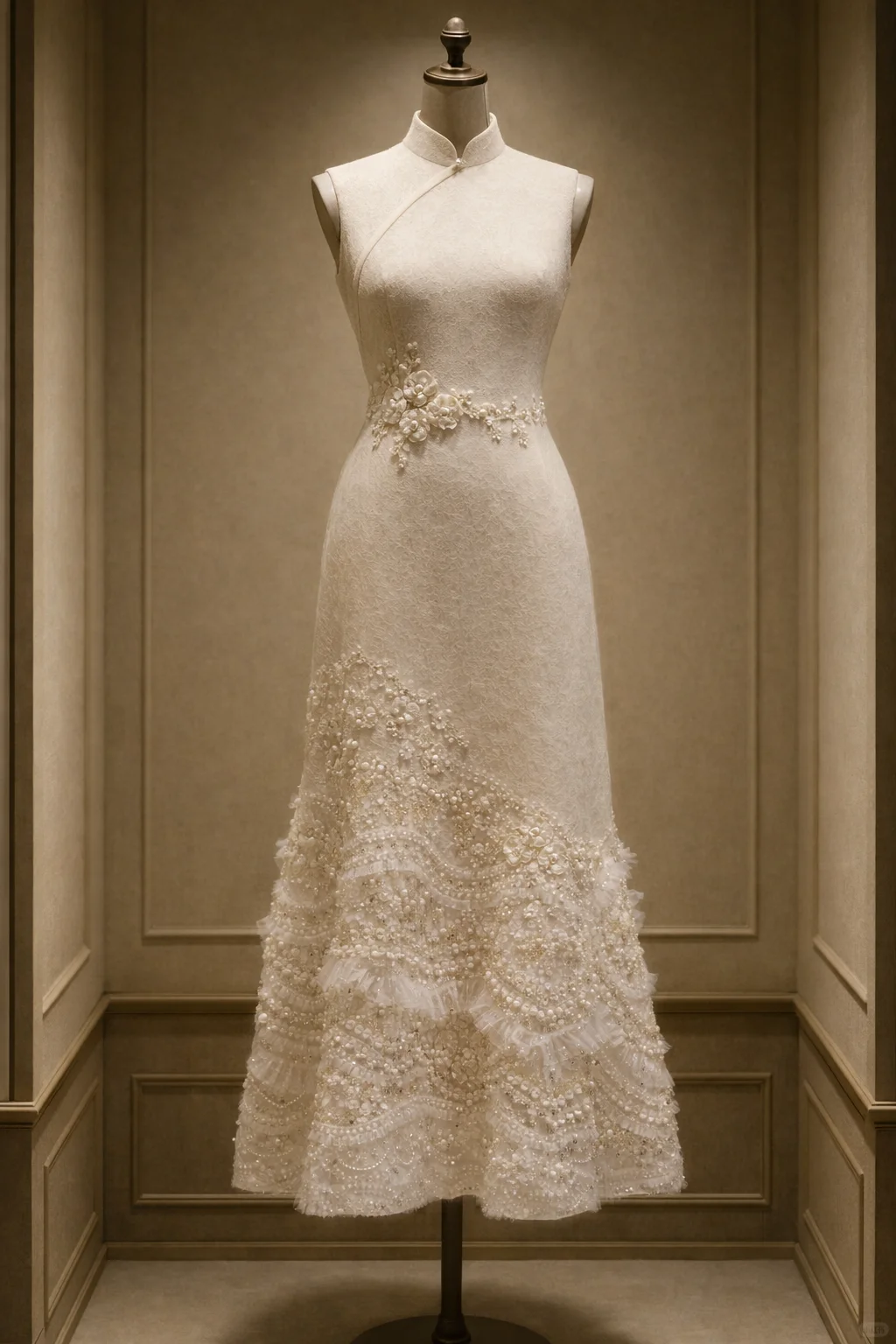 ✨Girlhomeshops-Ivory Sleeveless Qipao Midi Dress with Pearl Floral and Ruffled Beaded Tulle Hem gh10531