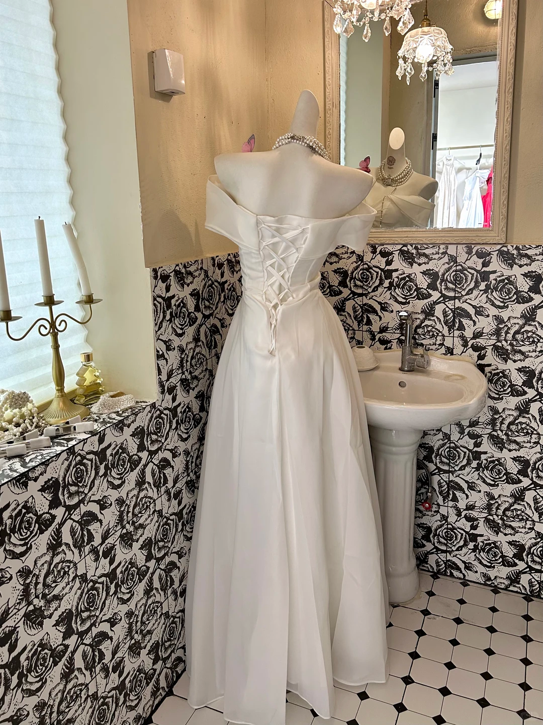 White Off-the-Shoulder High Waist Slimming Soft Elegant Romantic Dress, Wedding Gown gh7604