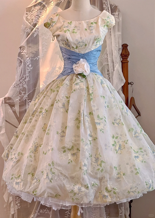 Vintage Color Block Floral Midi Gown, Boat Neck Cap Sleeve 50s Retro Party Dress gh9345