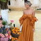 Yellow Brown Elegant Solid Color Fashion Off Shoulder Chic Ruffle Long Evening Dress Party Dress Wedding Guest Dress gh3066