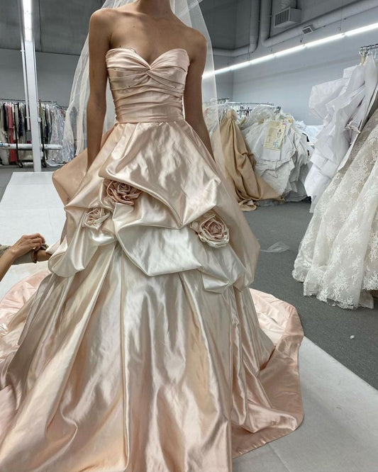 Robe de soirée longue en satin rose nude élégante et tendance vintage à fleurs exquises, robe de mariée gh3202