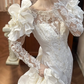 White Vintage Satin Mermaid Wedding Prom Dress, Bateau Neck Illusion Sweetheart, 3D Floral Shoulder, Single Lace Long Sleeve, Multi‑Tier Ruffled Cake Train gh8687
