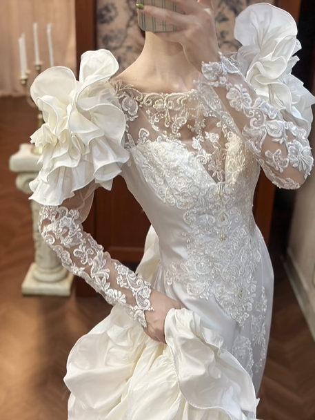 White Vintage Satin Mermaid Wedding Prom Dress, Bateau Neck Illusion Sweetheart, 3D Floral Shoulder, Single Lace Long Sleeve, Multi‑Tier Ruffled Cake Train gh8687