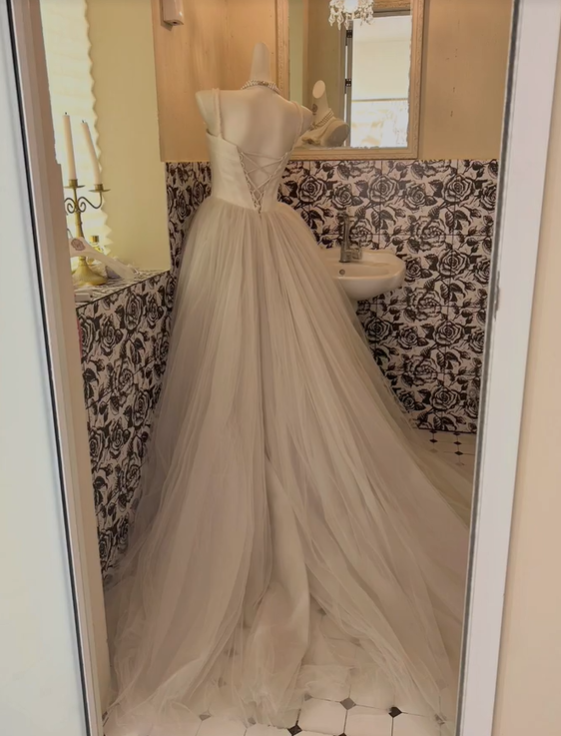 Ivory Spaghetti Straps Cinched Waist Voluminous Full Flared Skirt Long Romantic Dress, Wedding Gown gh7823