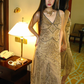 Light Brown V-Neck Fitted Waist Sequin Vintage Exquisite Prom Gown, Evening Party Dress gh8367