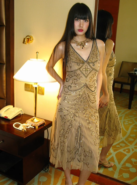 Light Brown V-Neck Fitted Waist Sequin Vintage Exquisite Prom Gown, Evening Party Dress gh8367
