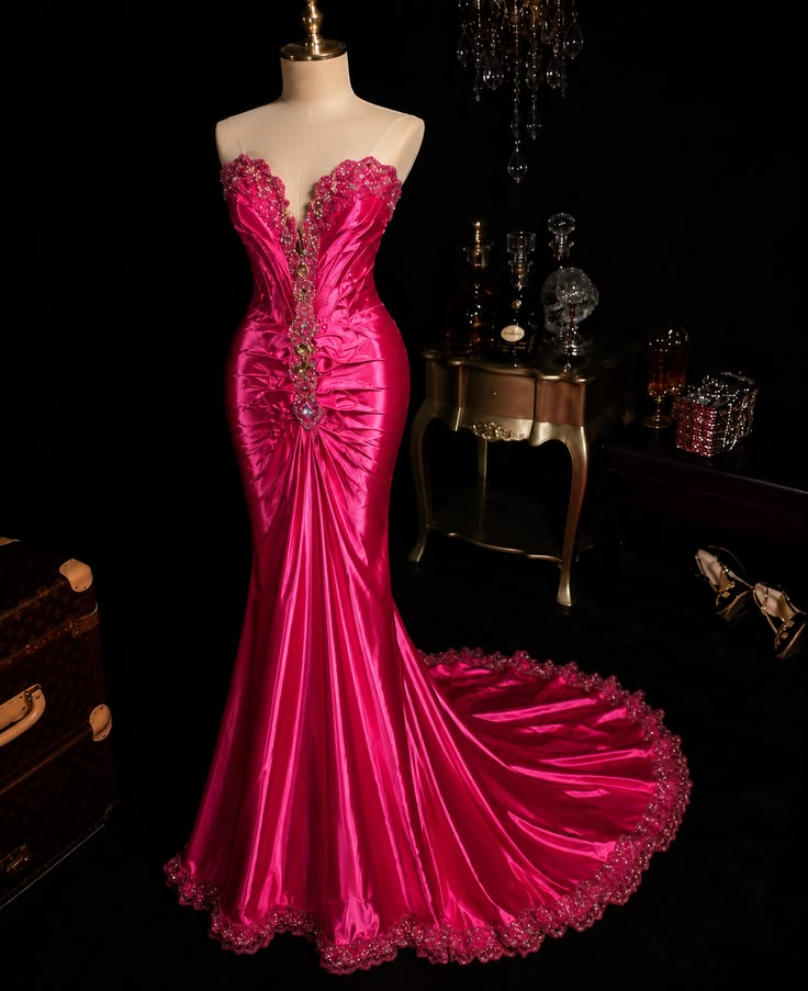 ✨Girlhomeshops-Fuchsia Rhinestone Beaded Satin Mermaid Prom Dress gh10171