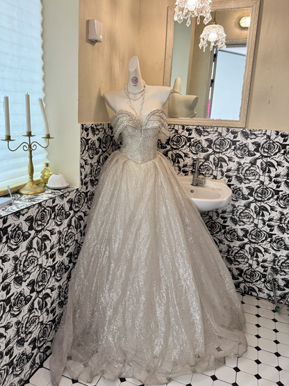 Ivory Strapless Beaded Waist-Cinched Full Flared Long Vintage Romantic Dress, Wedding Gown gh7562