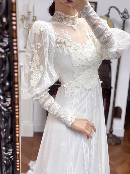 Ivory Vintage High‑Neck Tulle Wedding Dress, Puff Long Sleeve Bridal Prom Gown gh8743