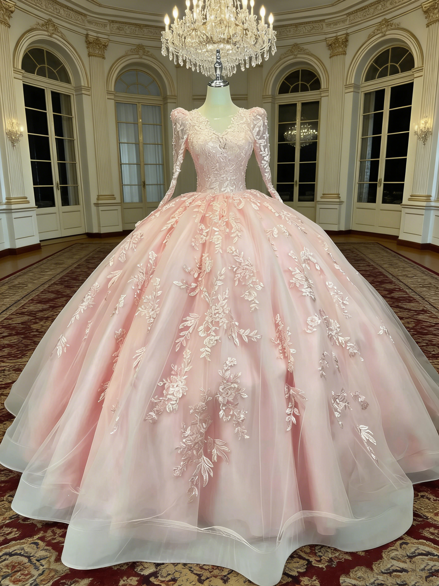 Ballkleid im königlichen Stil in zartem Rosa - V-Ausschnitt, Spitzenstickerei, Kleid für den großen Tag gh6967
