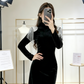 Robe longue moulante en velours à franges de cristaux - Col montant, manches longues, robe de soirée tendance gh6972