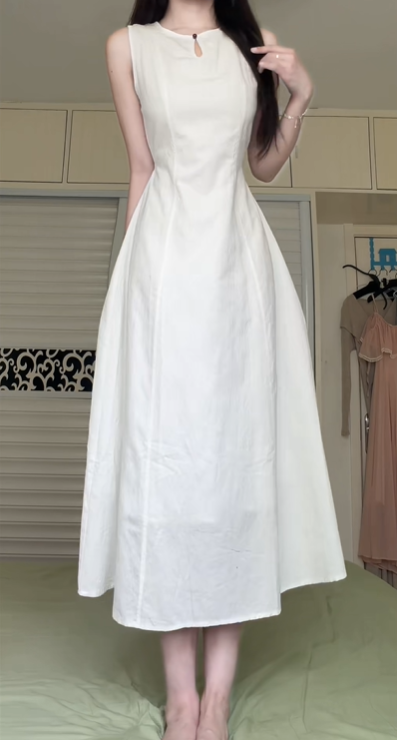 Off‑White Sleeveless Midi Dress, Keyhole Round Neck, Fitted Seam Waist, A‑Line Flared Skirt, Linen‑Textured Casual Formal Dress gh8929