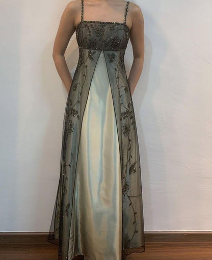 Robe de soirée longue en tulle, élégante et tendance, à bretelles spaghetti, style bal de promo, marron, gh3590
