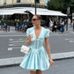 Girlhomeshops-Light blue fashionable V-neck A-line puff sleeve short satin homecoming dress birthday dress gh5289
