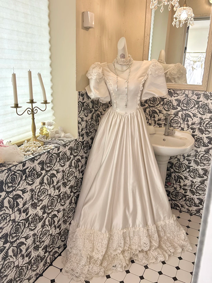 White Vintage Satin Puff Sleeve Cinched Waist Long Lace Skirt Romantic Dress, Wedding Gown gh7807