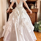 White Satin Vintage V‑Neck Ruffle Puff Short Sleeve Lace Applique Fitted Waist Tiered Ruffle Skirt Prom Gown, Wedding Dress gh8610