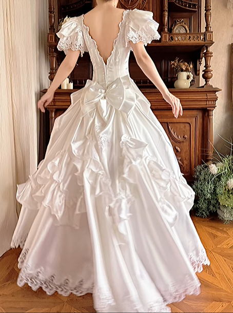White Satin Vintage V‑Neck Ruffle Puff Short Sleeve Lace Applique Fitted Waist Tiered Ruffle Skirt Prom Gown, Wedding Dress gh8610