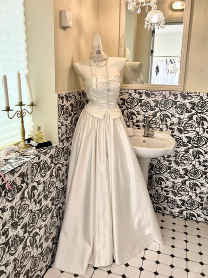 White Satin Strapless Waist-Cinched A-Line Skirt Slim Elegant Romantic Dress, Wedding Gown gh7731