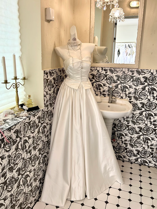 White Satin Strapless Waist-Cinched A-Line Skirt Slim Elegant Romantic Dress, Wedding Gown gh7731