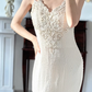 Off‑White Vintage Halter Maxi Gown, Ornate Lace Applique V‑Neck Bodice, Textured Vertical‑Stripe Fabric, Fitted Sheath Silhouette, Front High‑Slit Design, Elegant Retro Light‑Wedding Evening Party Dress gh8844