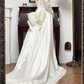 Ivory Vintage Satin Wedding Gown, V‑Neck, Vintage Leg‑of‑Mutton Puff Long Sleeves, Exquisite Lace Appliqués Fitted Waist, Satin Full‑Skirt With Long Train, Lace Trim On Hem, Bridal Prom Dress gh8758
