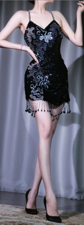 ✨Girlhomeshops-Black Sequin Fringe Short Prom Gown Spaghetti Strap V Neck Evening Dress gh10100