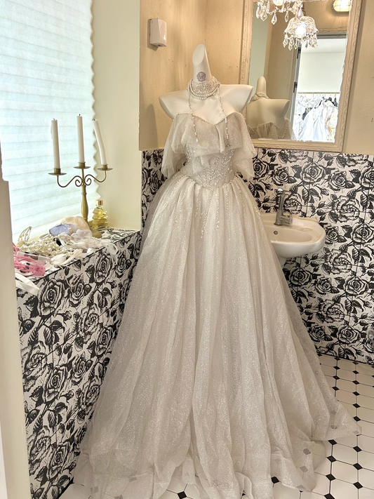 Soft Ivory Off-the-Shoulder Waist-Cinched Voluminous Princess Skirt Romantic Dress, Wedding Gown gh7701