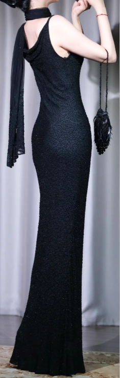 ✨Girlhomeshops-Black Beaded Mermaid Evening Gown Cowl Neck with Embroidered Shawl gh10117