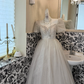 Ivory Square Neck Puff Sleeve Waist-Cinched Full Flared Romantic Dress, Wedding Gown gh7523