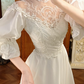 Off‑White Vintage Victorian High‑Neck Lace Illusion Puff Lantern 3/4 Sleeve Fitted Waist Multi‑Tier Lace Hem Long Prom Gown, Wedding Dress gh8611