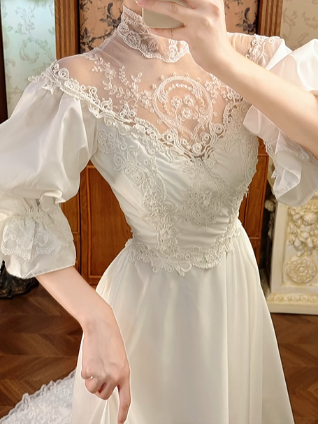 Off‑White Vintage Victorian High‑Neck Lace Illusion Puff Lantern 3/4 Sleeve Fitted Waist Multi‑Tier Lace Hem Long Prom Gown, Wedding Dress gh8611