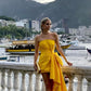 Yellow fashion tube top pleated long and short prom dress evening dress party dress gh3076