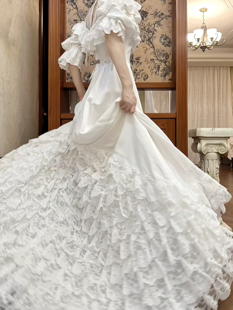 Ivory Vintage Victorian Wedding Gown, Lace High Neck Off‑the‑Shoulder Ruffle Puff Mid‑Sleeves, Lace Fitted Waist, Multi‑Tiered Ruffled Lace Hem Long Train, Bridal Prom Dress gh8719