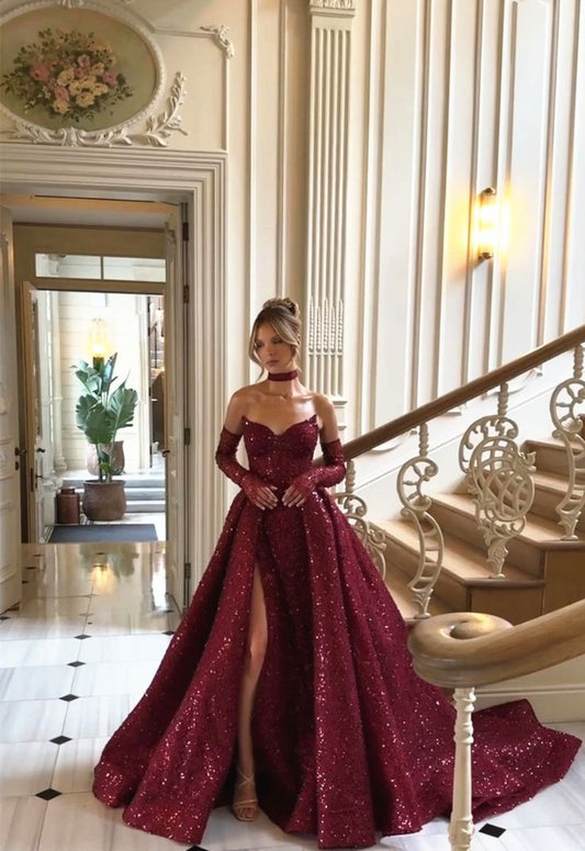 Burgundy shiny sexy Sequins elegant sweetheart neckline Long slit ball gown evening dress with gloves gh3134