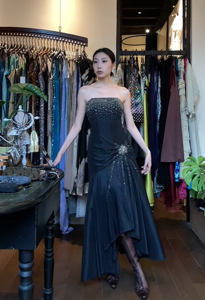 Black Strapless Long Formal Gown Hand Beaded Rhinestone Asymmetrical Mermaid Evening Dress gh9662