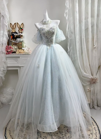 Light Ice Blue Tulle Long Evening Gown, Off Shoulder Puff Sleeve Heavy Beaded Rhinestone Princess Prom Dress gh9273